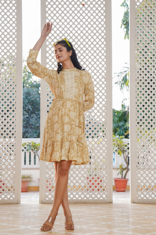 Beige Yellow Floral A-Line Short Dress with Lace Detailing