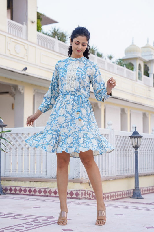 Sky Blue Floral A-Line Short Dress with Lace Detailing