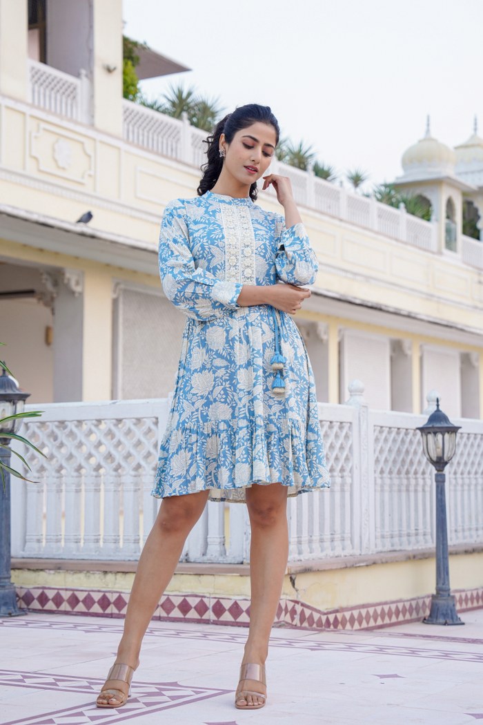 Sky Blue Floral A-Line Short Dress with Lace Detailing