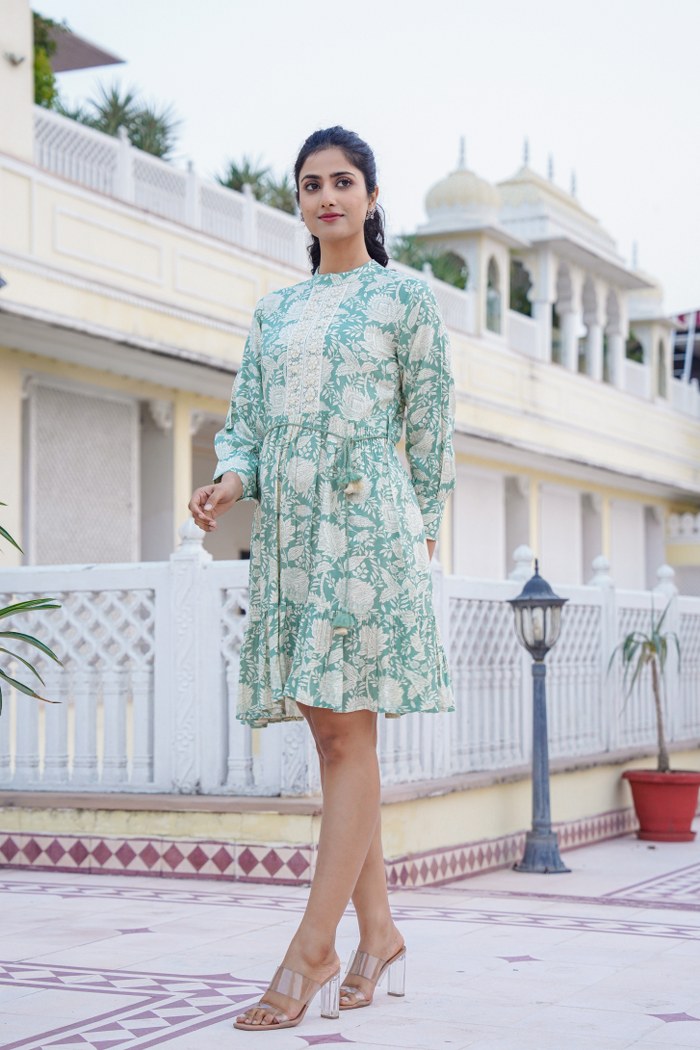 Mint Green Floral A-Line Short Dress with Lace Placket