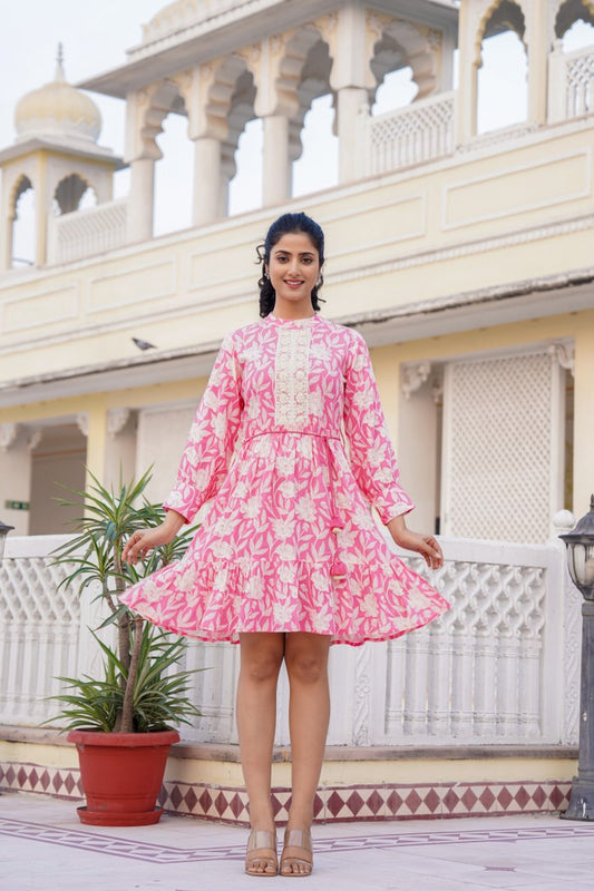 Pink Floral A-Line Short Dress with Lace Detailing