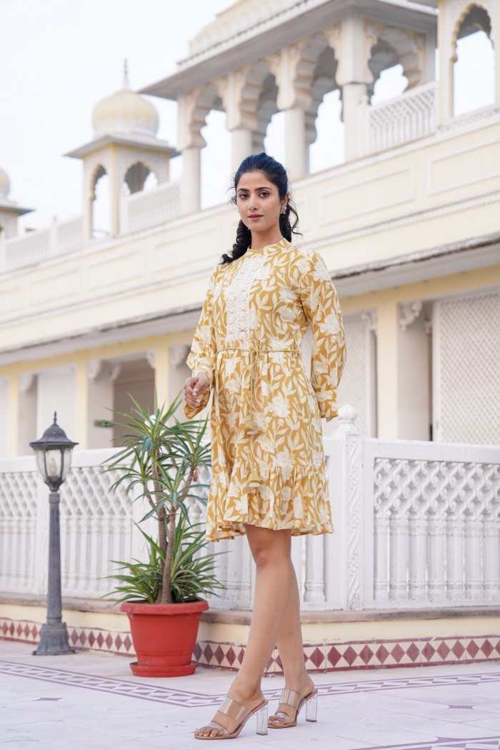 Mustard Yellow Floral A-Line Short Dress with Lace Detailing
