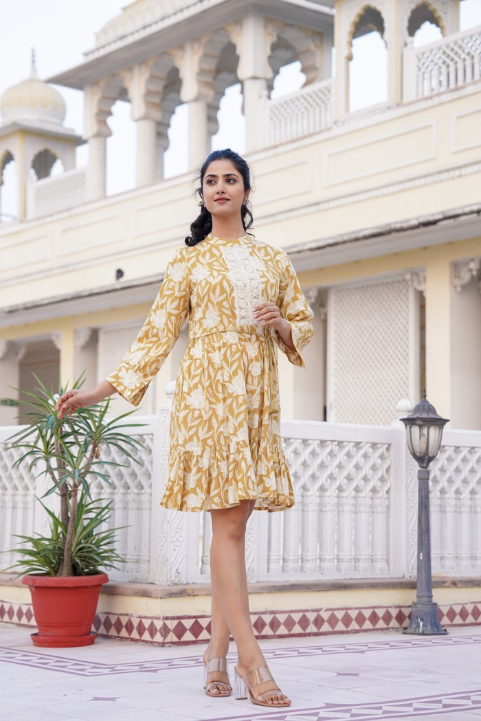 Mustard Yellow Floral A-Line Short Dress with Lace Detailing