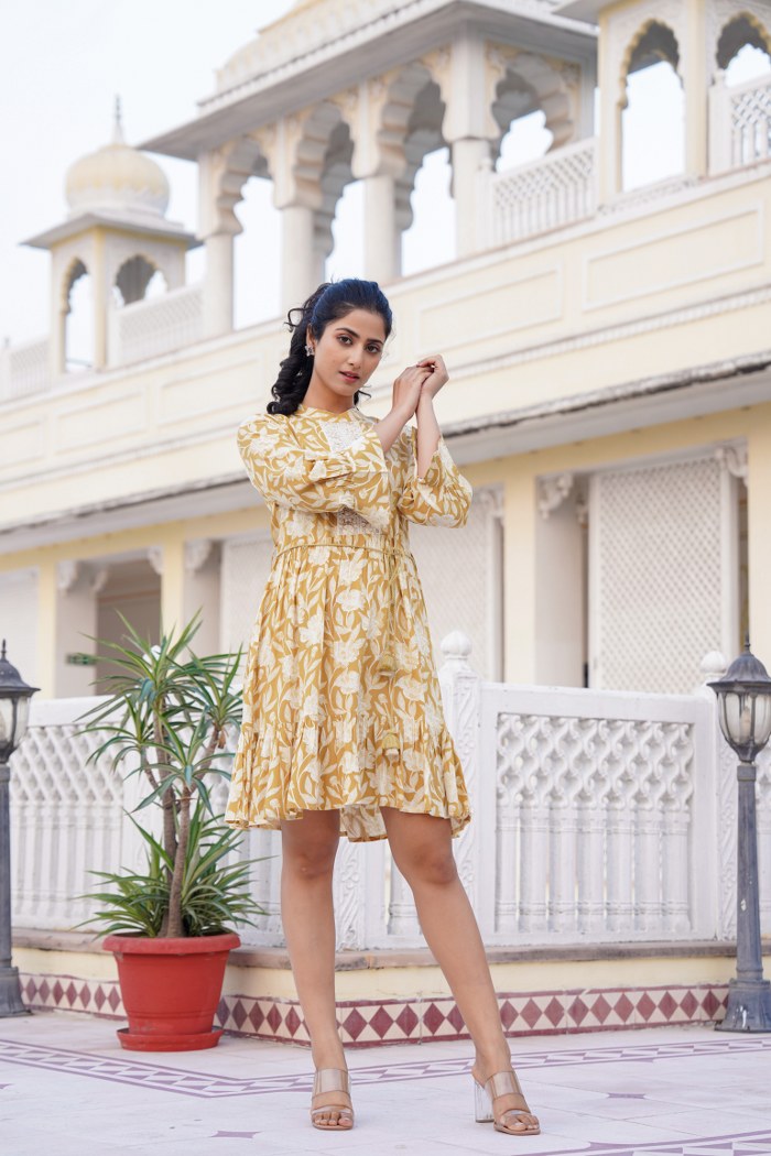 Mustard Yellow Floral A-Line Short Dress with Lace Detailing