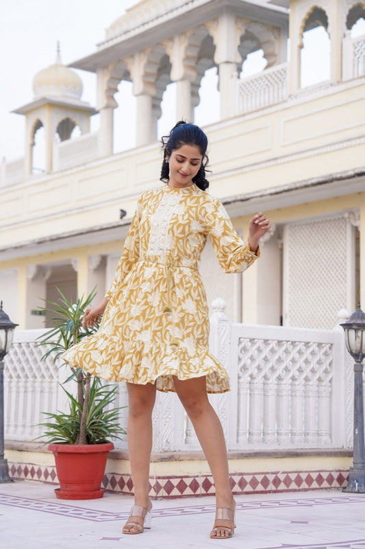 Mustard Yellow Floral A-Line Short Dress with Lace Detailing