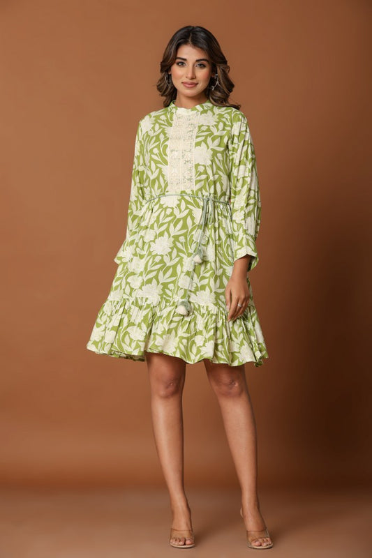 Olive Green Floral A-Line Short Dress with Lace Placket