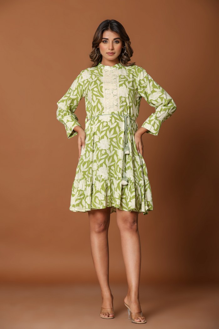 Olive Green Floral A-Line Short Dress with Lace Placket