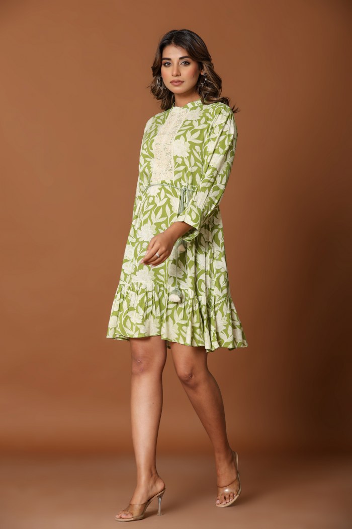 Olive Green Floral A-Line Short Dress with Lace Placket