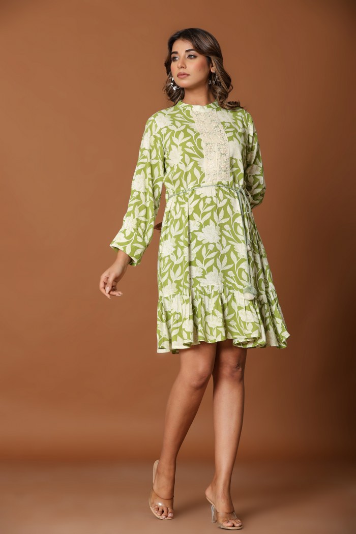 Olive Green Floral A-Line Short Dress with Lace Placket