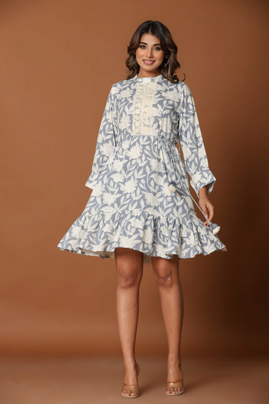 Dusty Blue Floral A-Line Short Dress with Lace Placket