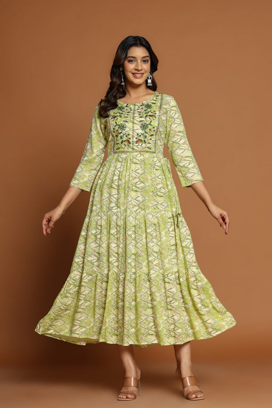 Green Printed Anarkali Midi with Embroidered Yoke