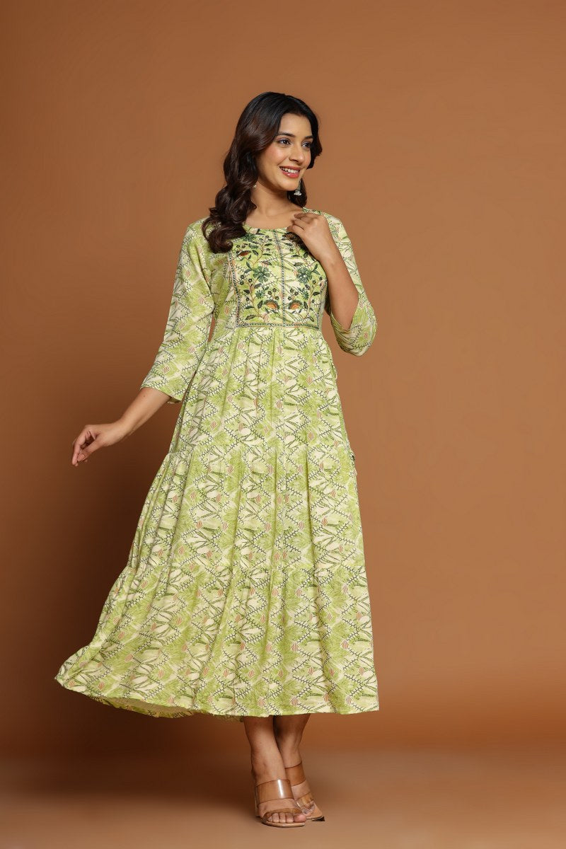 Green Printed Anarkali Midi with Embroidered Yoke