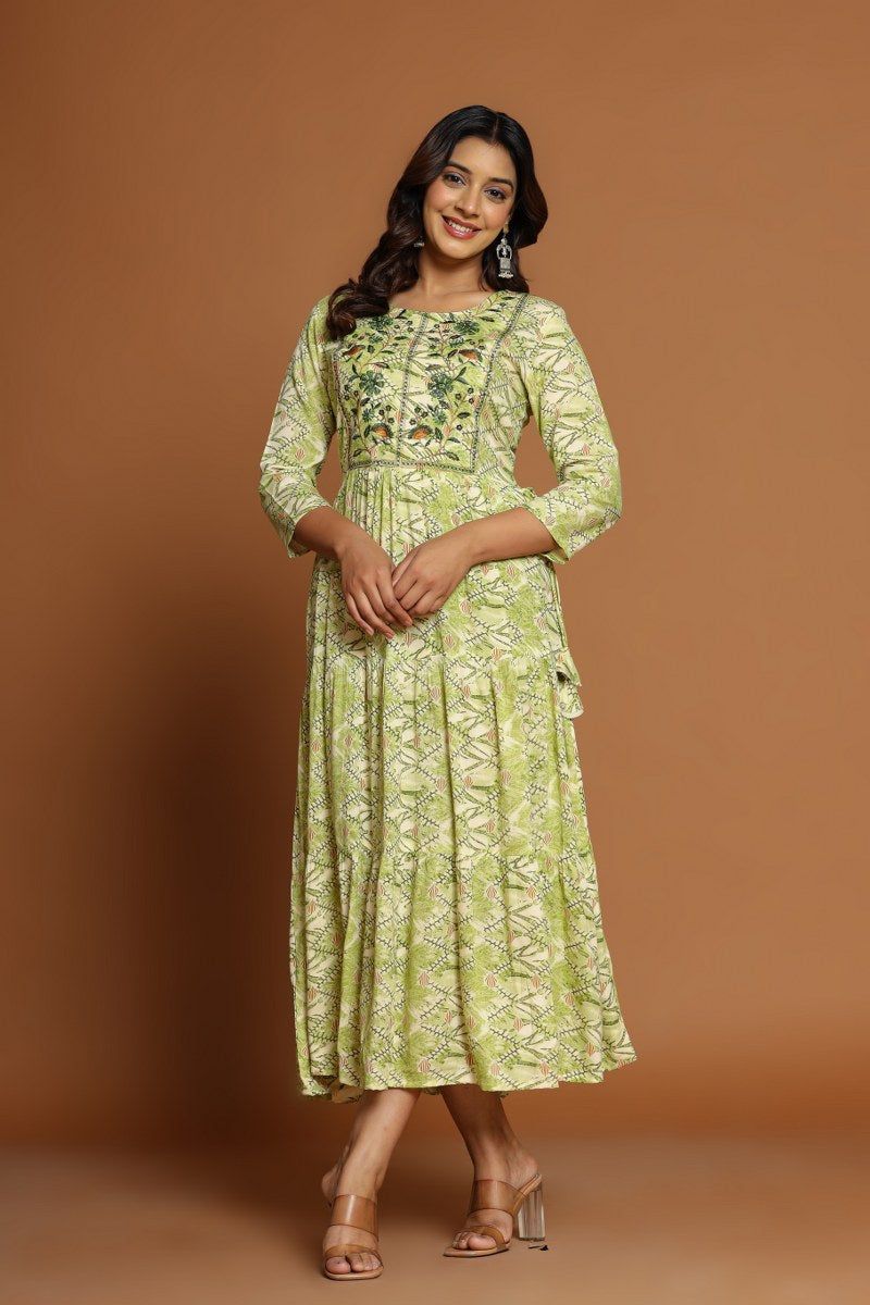 Green Printed Anarkali Midi with Embroidered Yoke