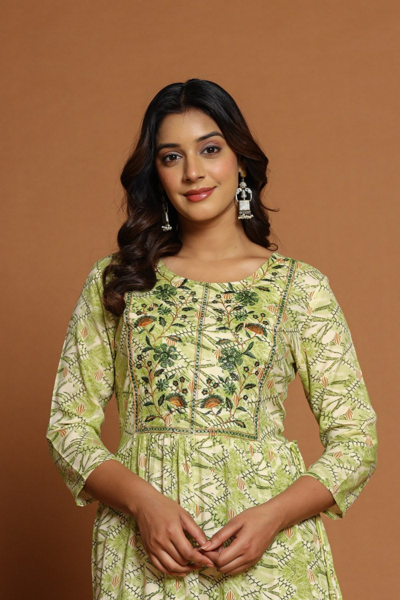Green Printed Anarkali Midi with Embroidered Yoke