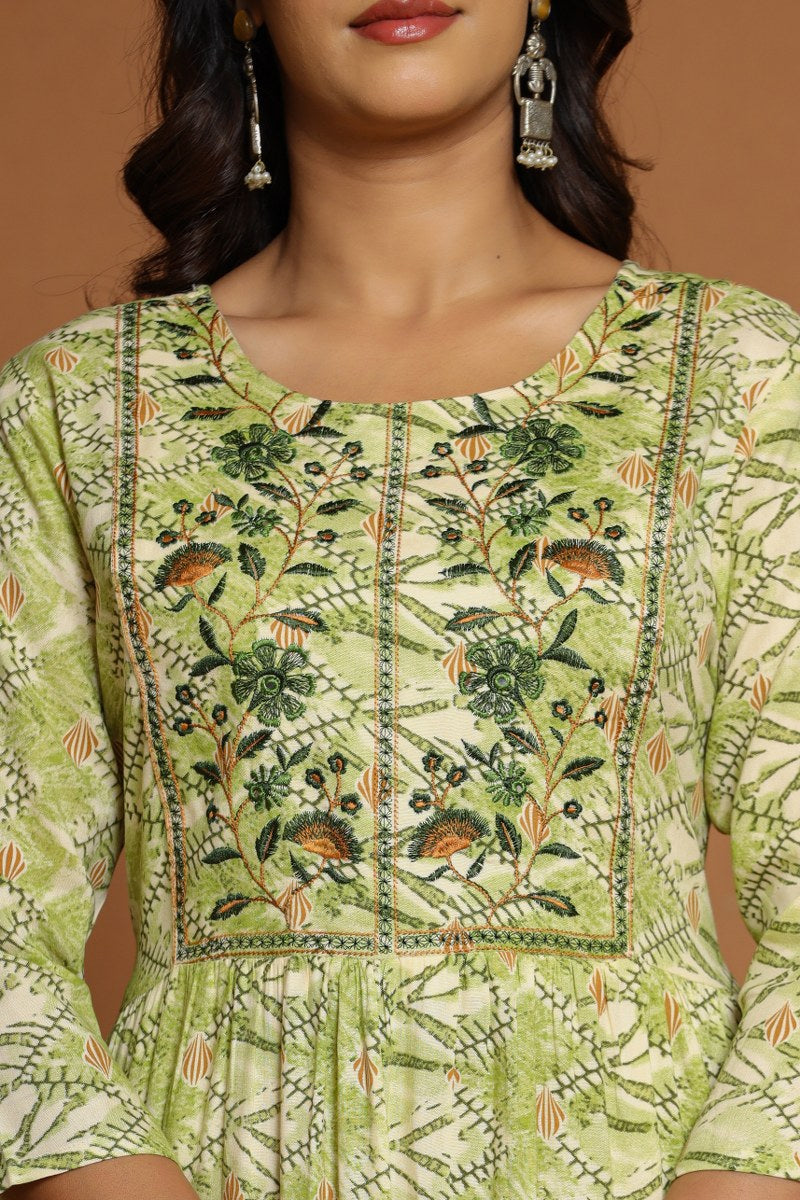 Green Printed Anarkali Midi with Embroidered Yoke
