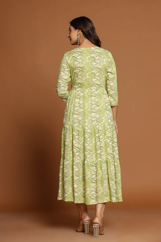 Green Printed Anarkali Midi with Embroidered Yoke
