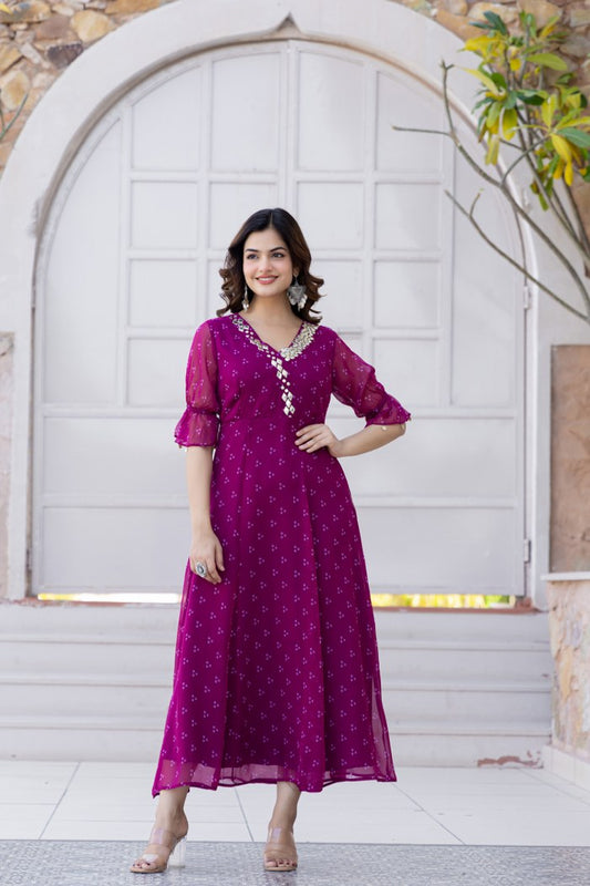 Magenta Georgette Mirror Work Midi Dress