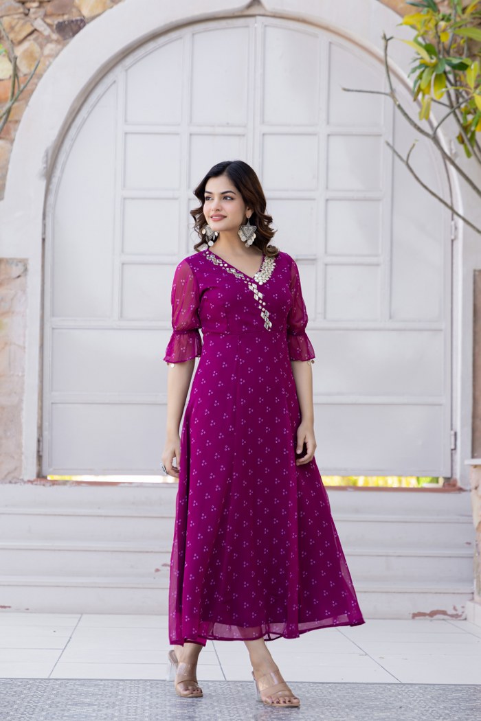 Magenta Georgette Mirror Work Midi Dress