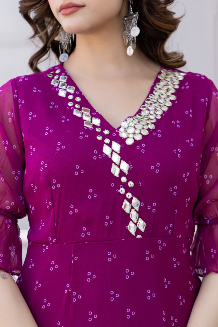 Magenta Georgette Mirror Work Midi Dress