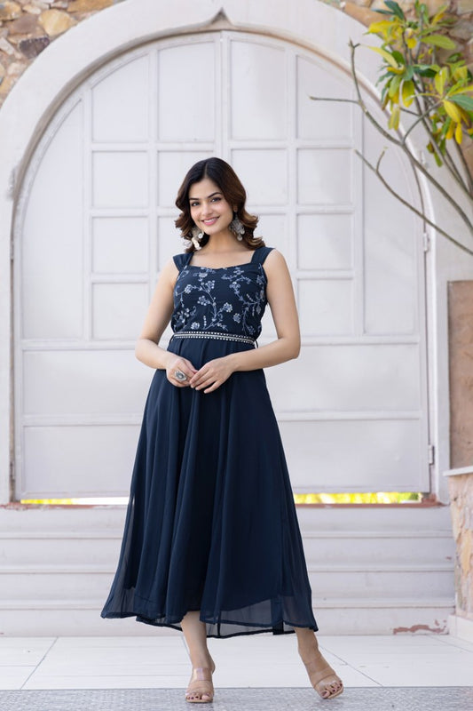 Navy Blue Embroidered Georgette Flared Midi Dress