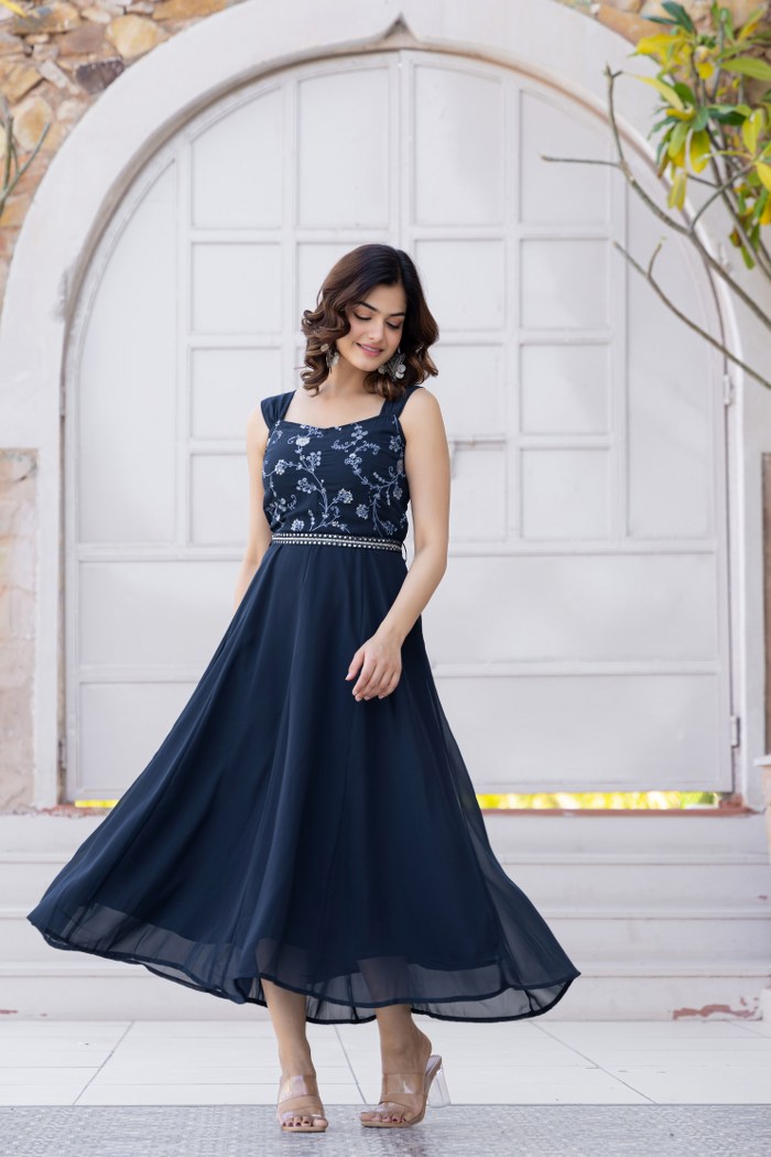 Navy Blue Embroidered Georgette Flared Midi Dress