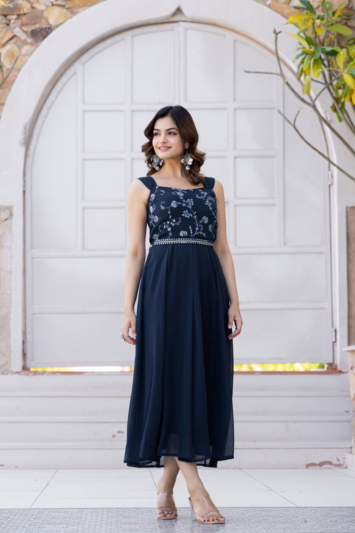 Navy Blue Embroidered Georgette Flared Midi Dress