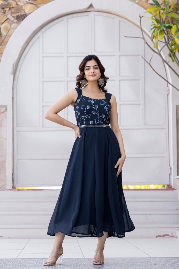 Navy Blue Embroidered Georgette Flared Midi Dress