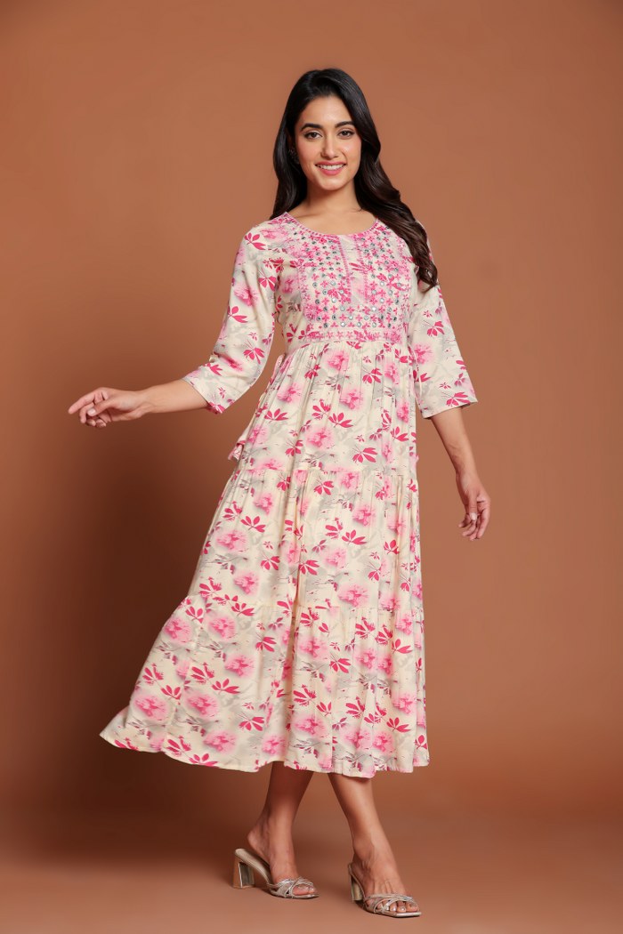 Off-White & Pink Floral Printed Anarkali Midi with Embroidered Yoke