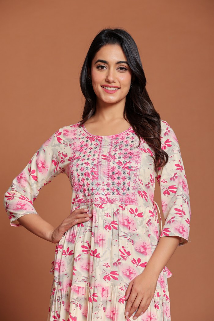 Off-White & Pink Floral Printed Anarkali Midi with Embroidered Yoke