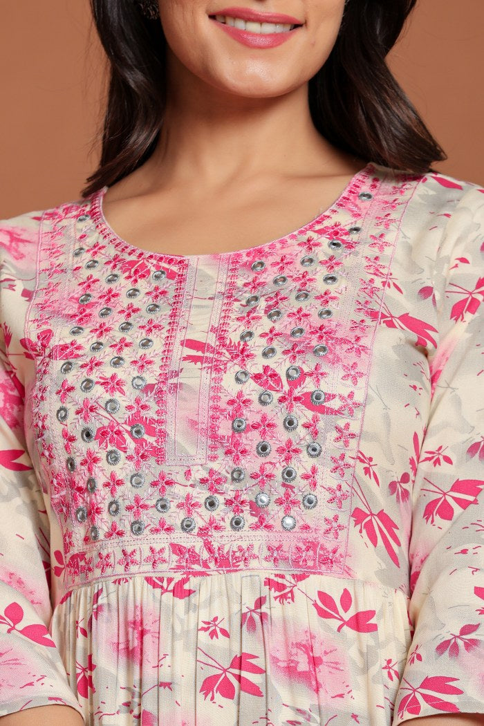 Off-White & Pink Floral Printed Anarkali Midi with Embroidered Yoke