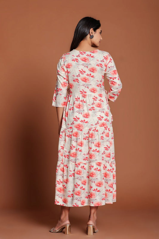 Off-White & Pink Floral Printed Anarkali Midi with Embroidered Yoke