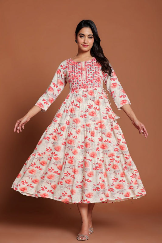 Off-White & Pink Floral Printed Anarkali Midi with Embroidered Yoke