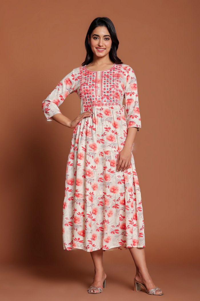 Off-White & Pink Floral Printed Anarkali Midi with Embroidered Yoke