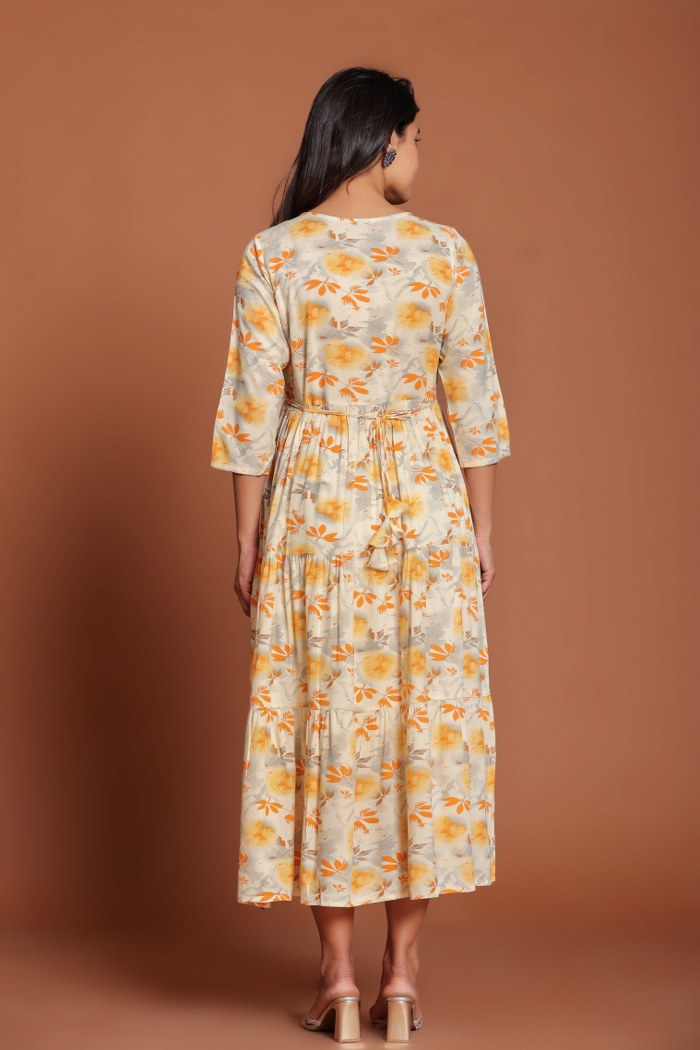 Beige & Yellow Floral Printed Anarkali Midi with Mirror Embellished Yoke