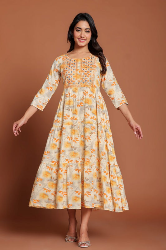 Beige & Yellow Floral Printed Anarkali Midi with Mirror Embellished Yoke