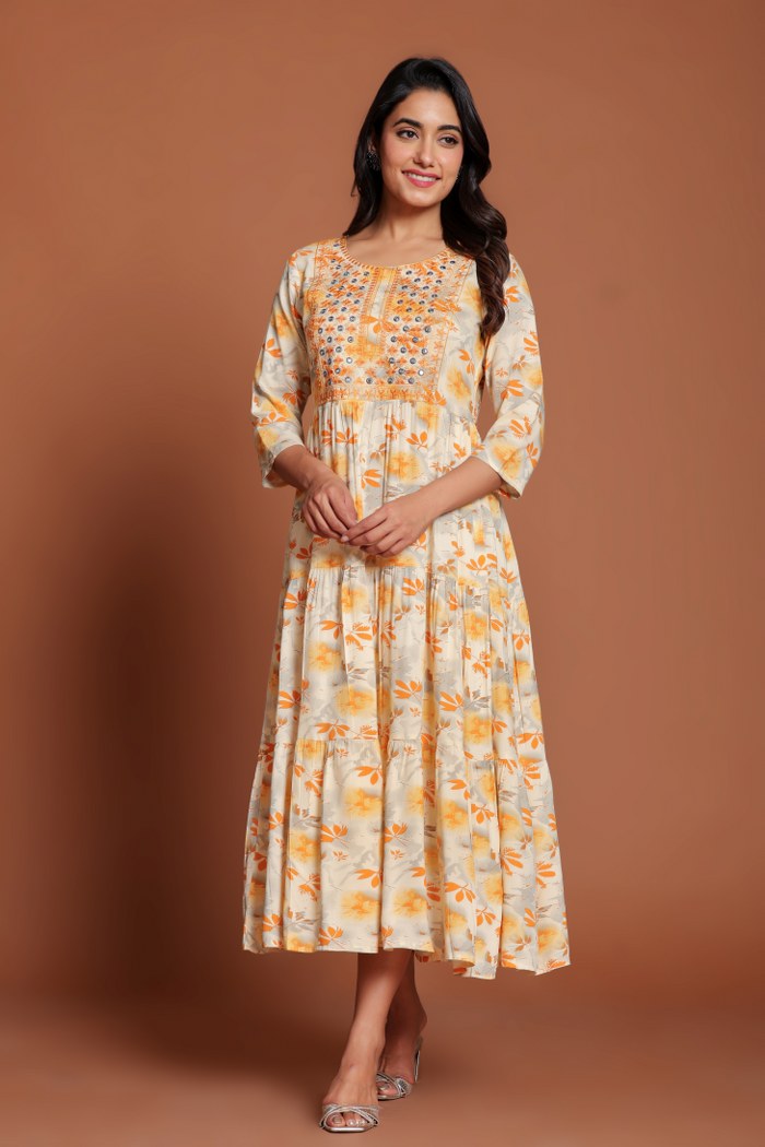 Beige & Yellow Floral Printed Anarkali Midi with Mirror Embellished Yoke