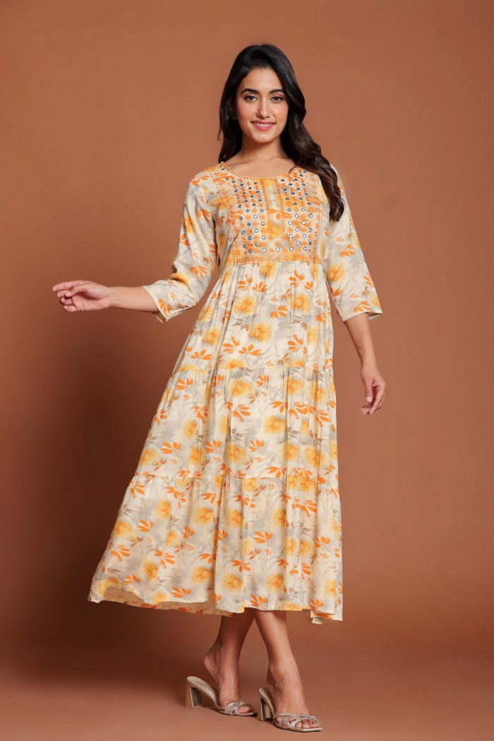 Beige & Yellow Floral Printed Anarkali Midi with Mirror Embellished Yoke