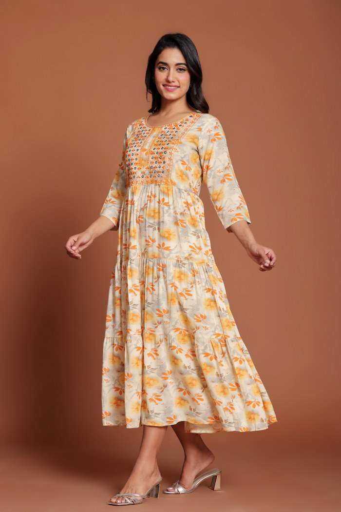 Beige & Yellow Floral Printed Anarkali Midi with Mirror Embellished Yoke