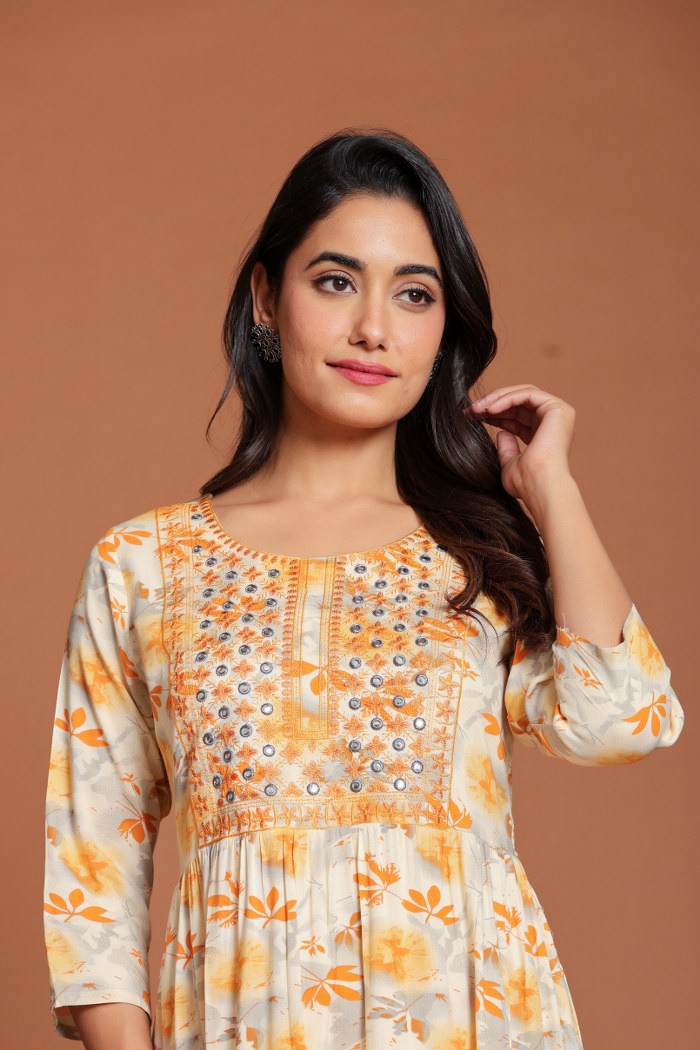 Beige & Yellow Floral Printed Anarkali Midi with Mirror Embellished Yoke