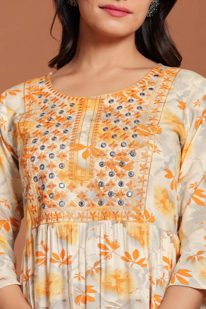 Beige & Yellow Floral Printed Anarkali Midi with Mirror Embellished Yoke