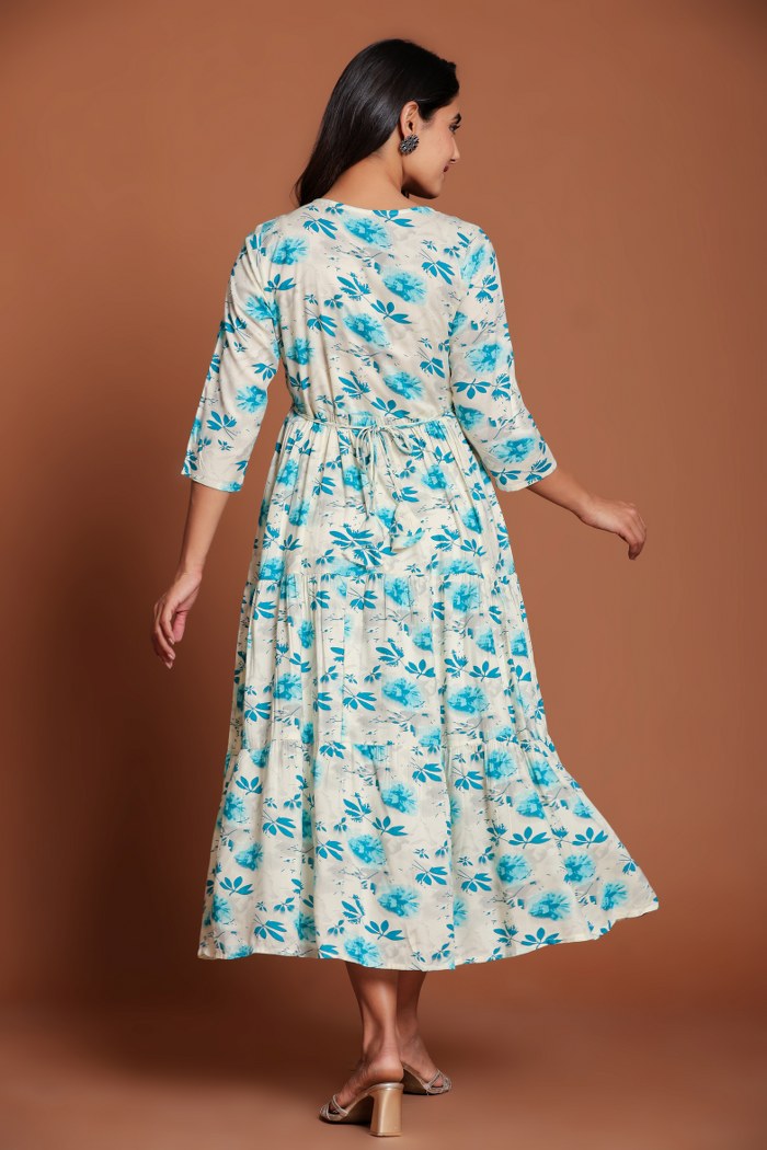 Beige & Blue Floral Printed Anarkali Midi with Embroidered Yoke