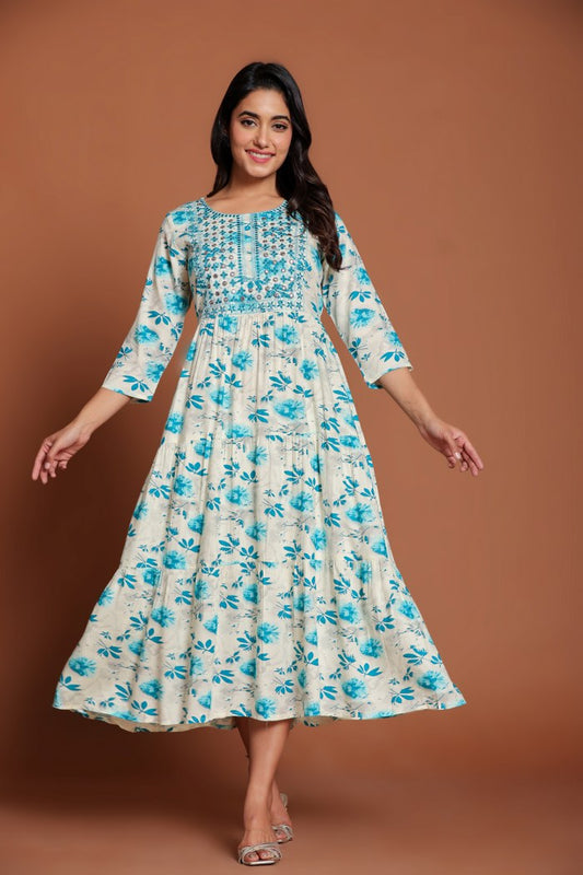 Beige & Blue Floral Printed Anarkali Midi with Embroidered Yoke