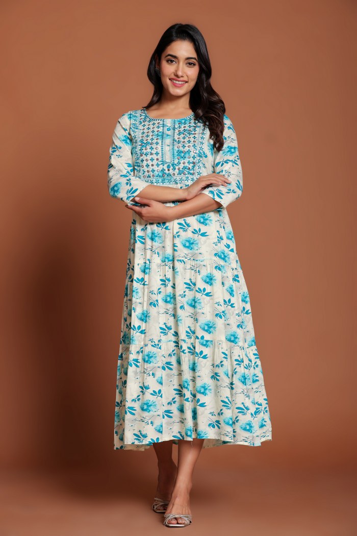 Beige & Blue Floral Printed Anarkali Midi with Embroidered Yoke