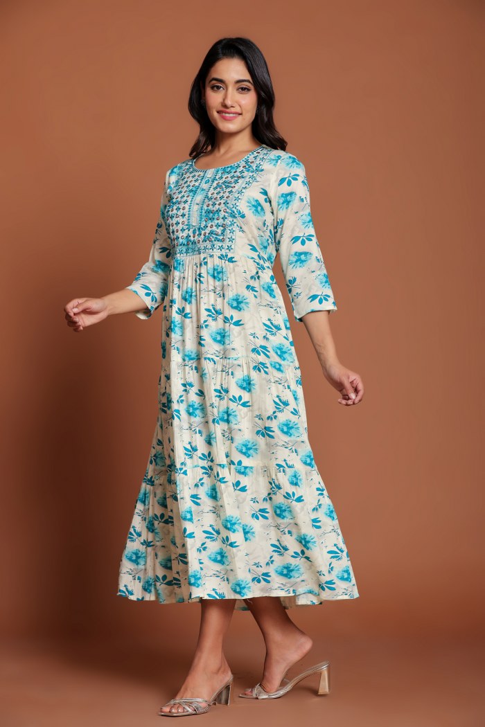 Beige & Blue Floral Printed Anarkali Midi with Embroidered Yoke