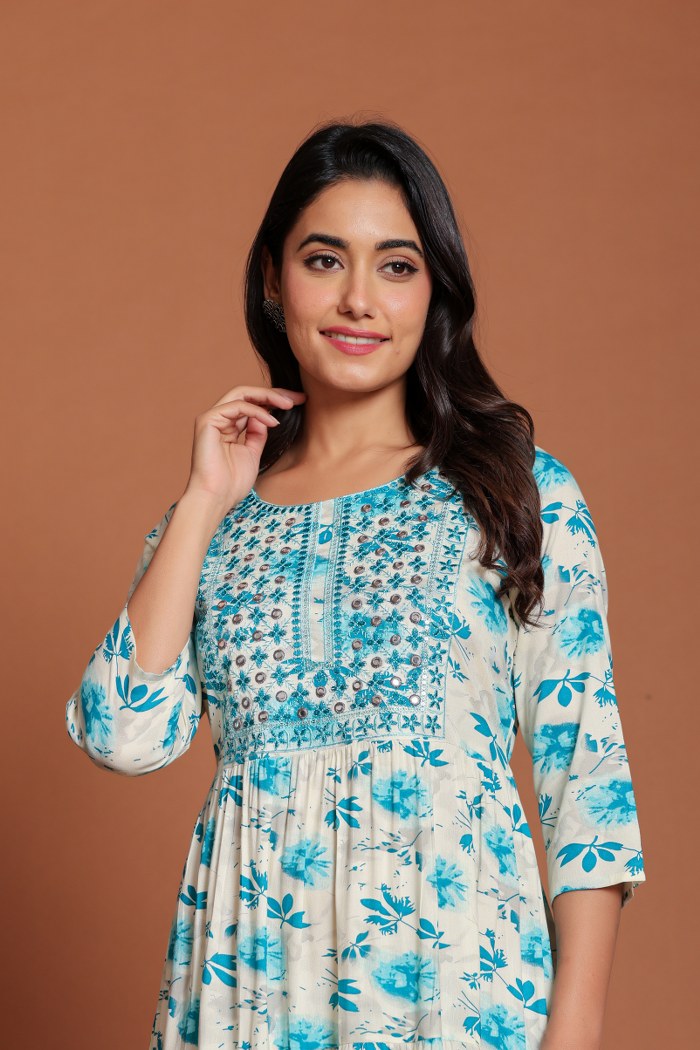 Beige & Blue Floral Printed Anarkali Midi with Embroidered Yoke