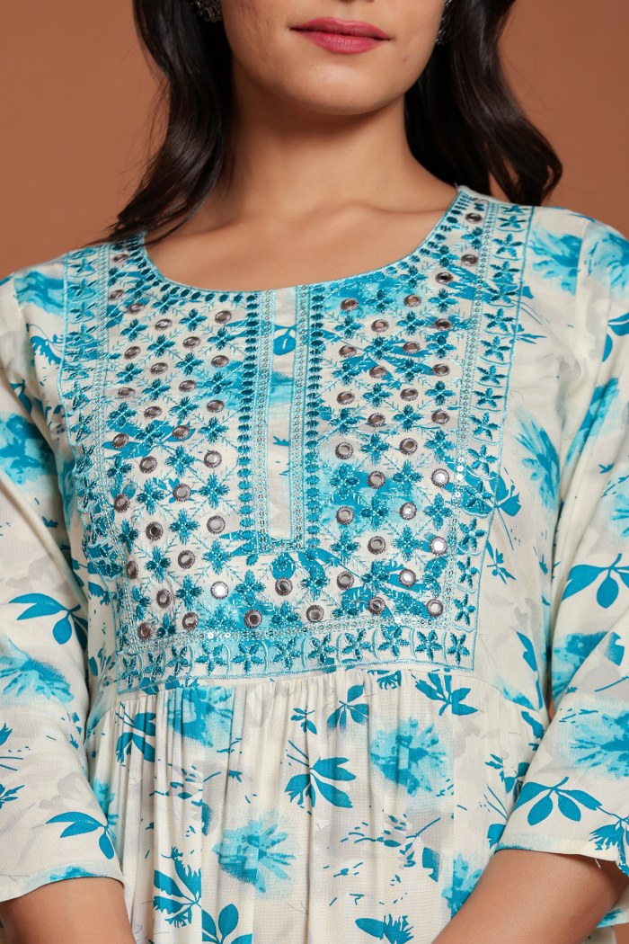 Beige & Blue Floral Printed Anarkali Midi with Embroidered Yoke