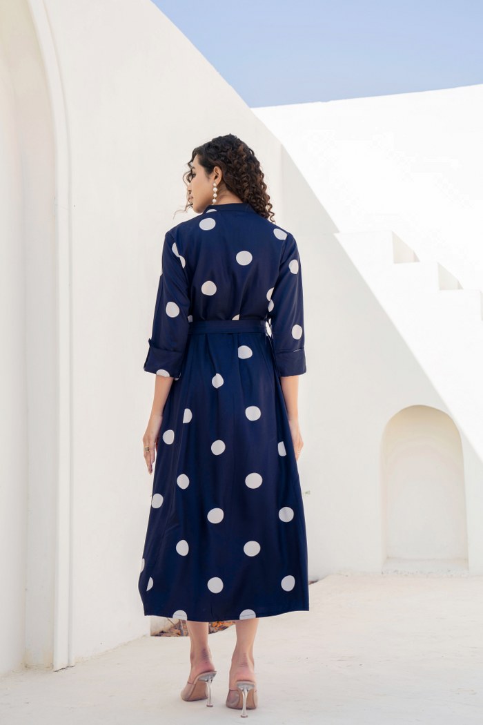 Navy Blue Polka Dot Shirt Midi Dress with Belt