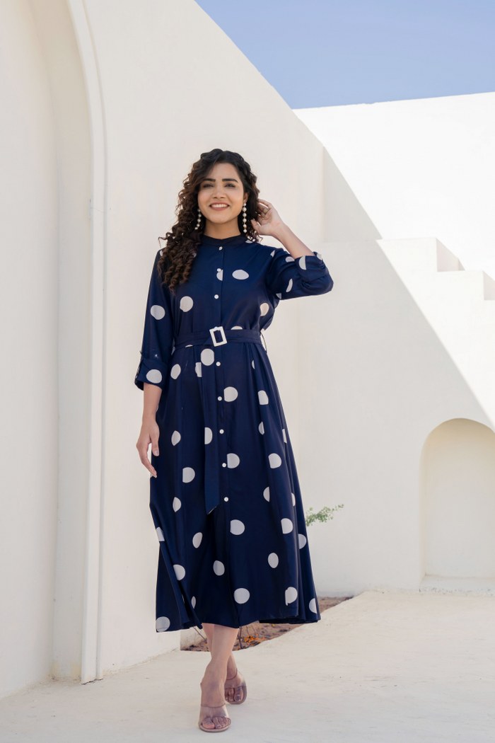 Navy Blue Polka Dot Shirt Midi Dress with Belt