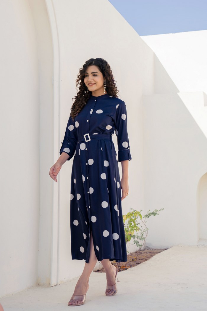 Navy Blue Polka Dot Shirt Midi Dress with Belt