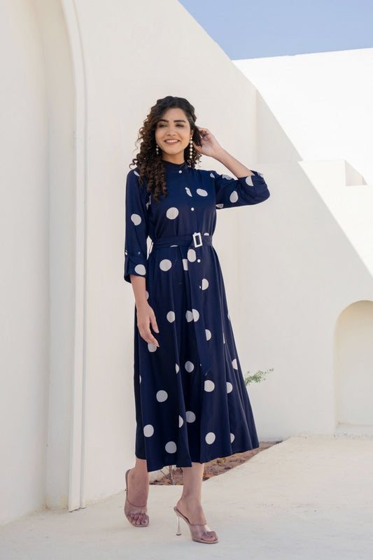 Navy Blue Polka Dot Shirt Midi Dress with Belt